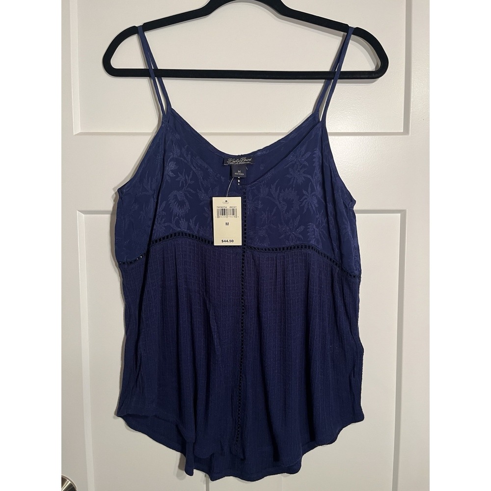 Lucky Brand Embroidered Cami Tank Top Medium M Navy Blue Gauze Boho 7WD60754